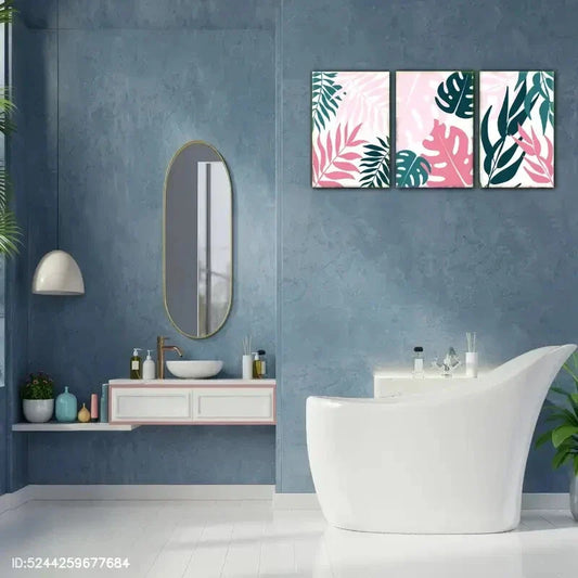 3pcs Green and Pink Leaves Decorative Poster Metal Print Ready to Hang Art