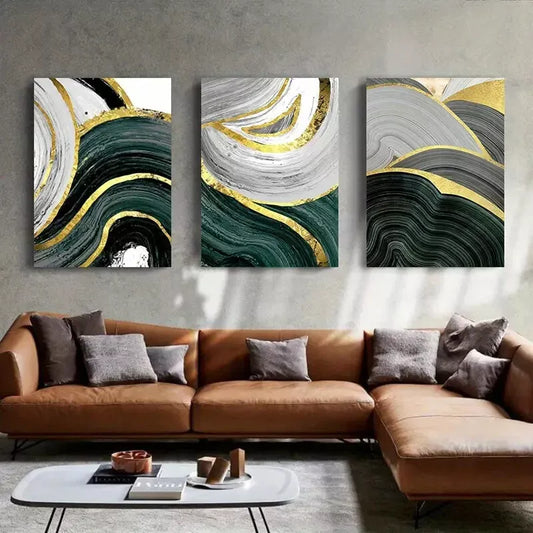 3pcs Gold Green Marble Line Canvas Framed 40x60cm - High Quality Print 100% Australian Made Wall Canvas Ready to Hang