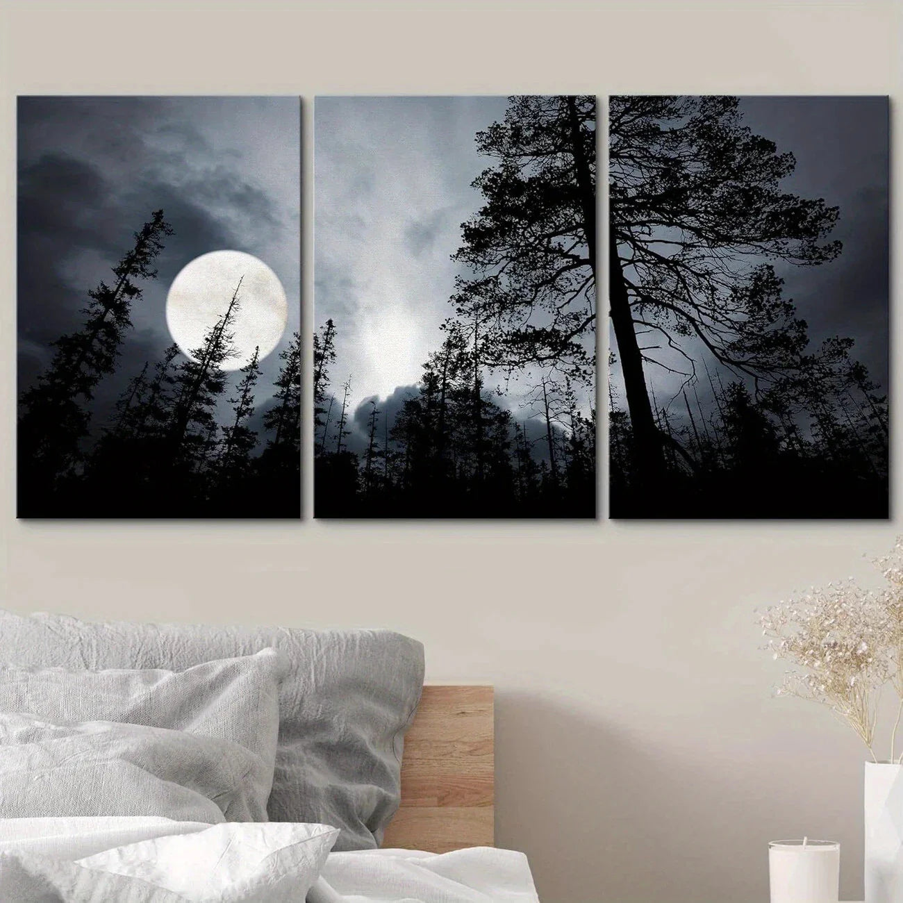 3pcs Black & White Moonlit Forest Seamless Metal Print Ready to Hang Art