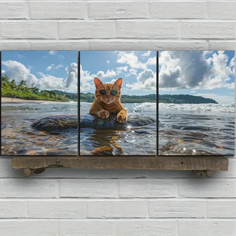 3pcs Cat on Beach Stone Blue Sky White Clouds Metal Print Ready to Hang Art