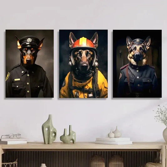 3pcs Dog Firefighter & Police Uniform Portraits Metal Print Ready to Hang Art