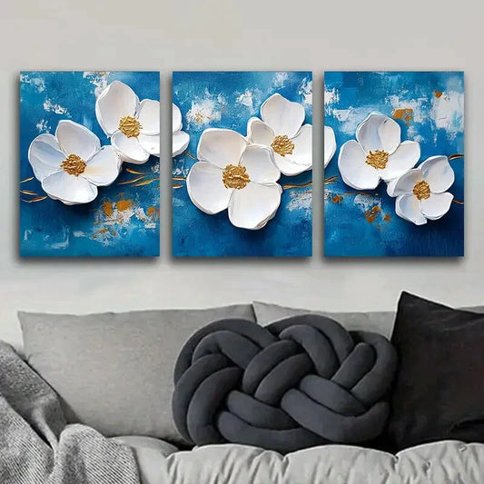 3pcs White flowers on a blue background Metal Print Ready to Hang Art