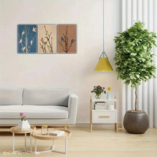 3pcs Birds on a Branch Art Mocha Birds Print Metal Print Ready to Hang Art