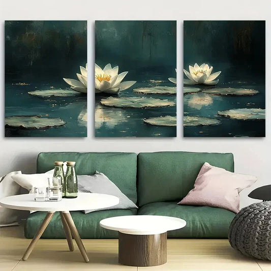 3pcs White Water Lilies Fantasy Springtime Metal Print Ready to Hang Art