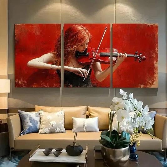 3pcs Elegant Red Haired Violinist Metal Print Ready to Hang Art
