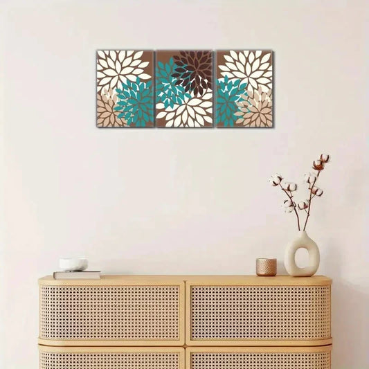 3pcs Botanical Flowers Bloom Teal Brown Cream Metal Print Ready to Hang Art