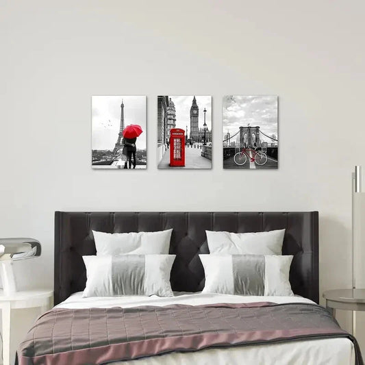 3pcs Romantic Couple, London Bicycle, Big Ben Metal Print Ready to Hang Art