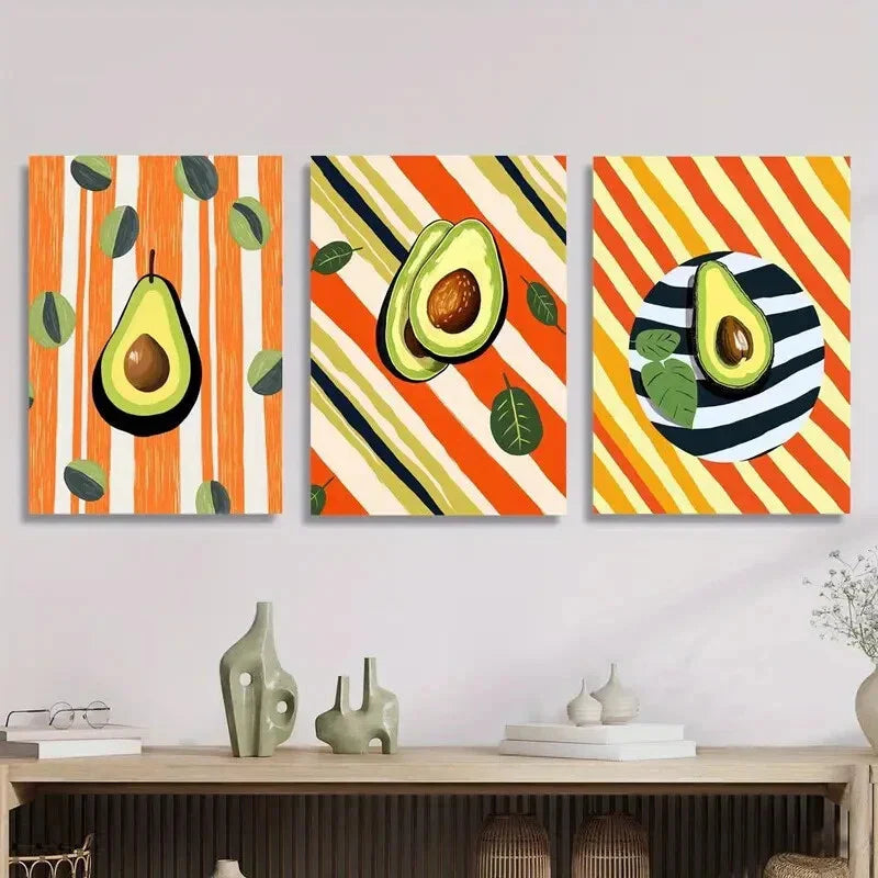 3pcs Avocado Stripe Modern Style, Metal Print Ready to Hang Art