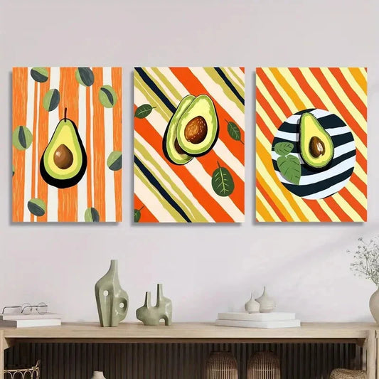 3pcs Avocado Stripe Modern Style, Metal Print Ready to Hang Art
