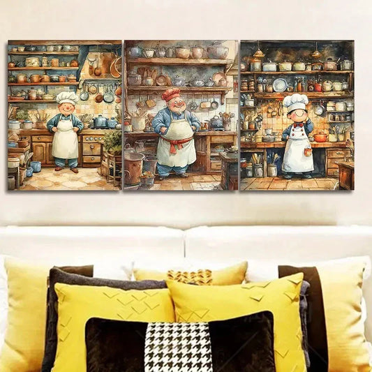 3pcs The whimsical chef Wall Art Set Canvas Framed 40x60cm - High Quality Print 100% Australian Made Wall Canvas Ready to Hang