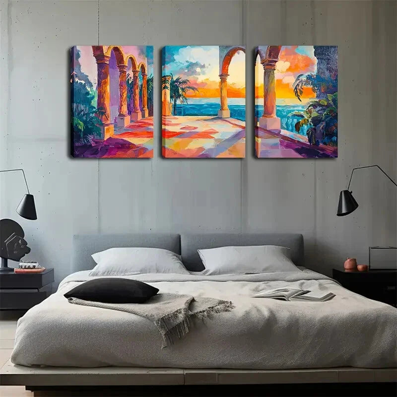 3pcs Vibrant Coastal Temple Wall Art Set Canvas Framed 40x60cm - High Quality Print 100% Australian Made Wall Canvas Ready to Hang