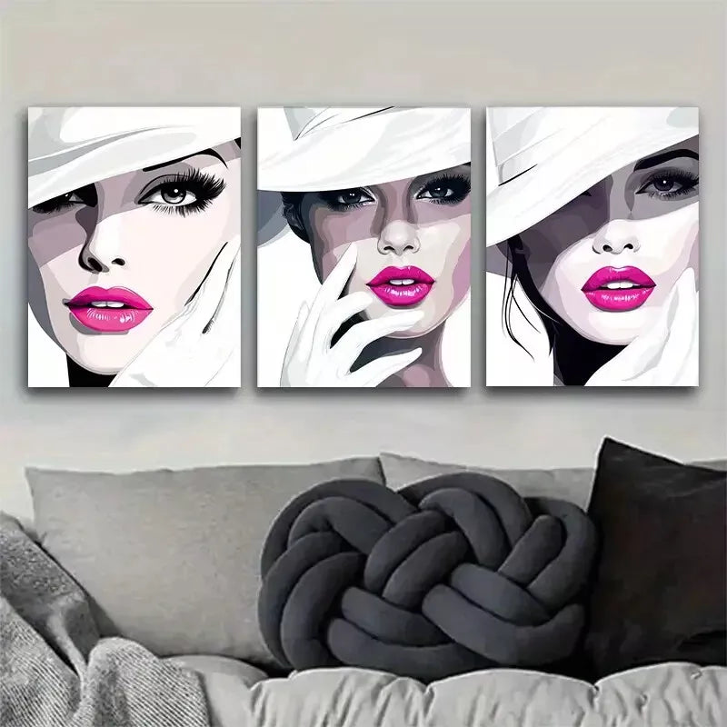 3pcs Stylish Fashionista Faces Triptych Wall Art Set Canvas Framed 40x60cm - High Quality Print 100% Australian Made Wall Canvas Ready to Hang