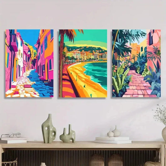 3pcs Ocean, beach, city landscape, Metal Print Ready to Hang Art