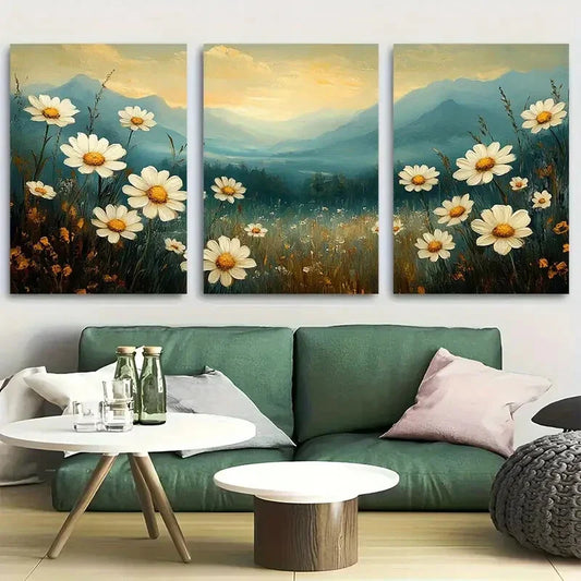 3pcs Rustic Daisy Meadow Country Charm Nature Metal Print Ready to Hang Art