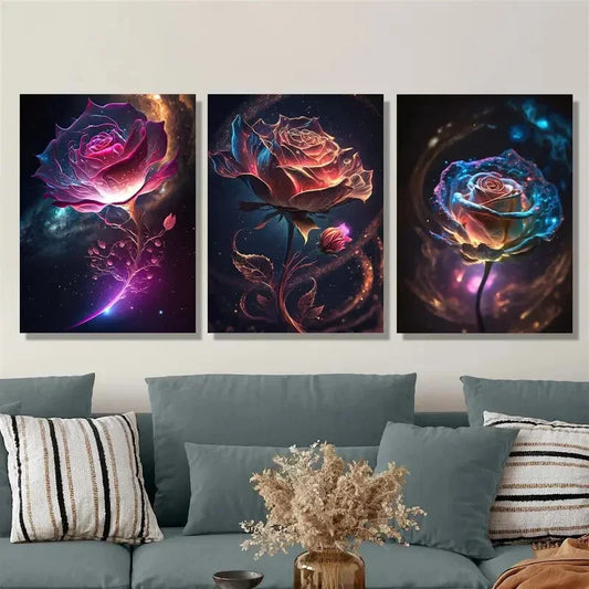 3pcs Roses made of underwater galaxy stars Metal Print Ready to Hang Art