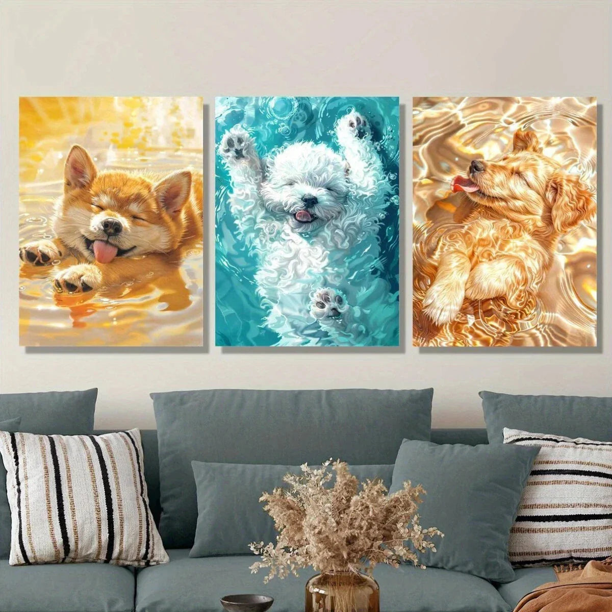 3pcs Puppy in Water Funny Dog Happy Life Metal Print Ready to Hang Art