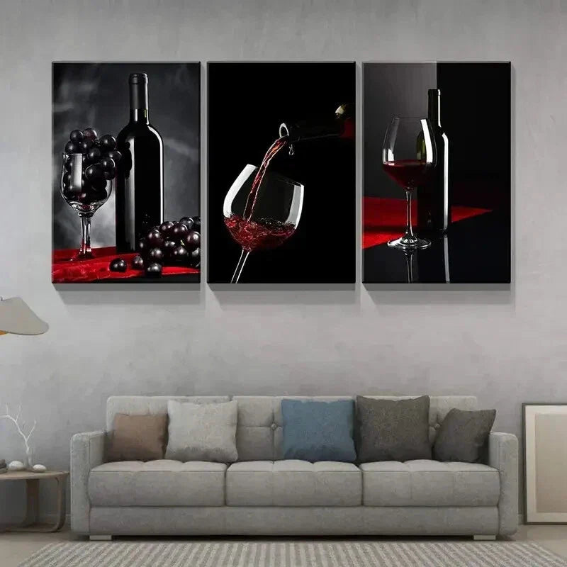 3pcs Red Wine & Glass Theme Metal Print Ready to Hang Art