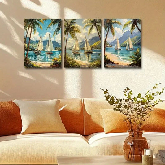 3pcs Vibrant Beach & Mountain Scene with Sailboat Metal Print Ready to Hang Art