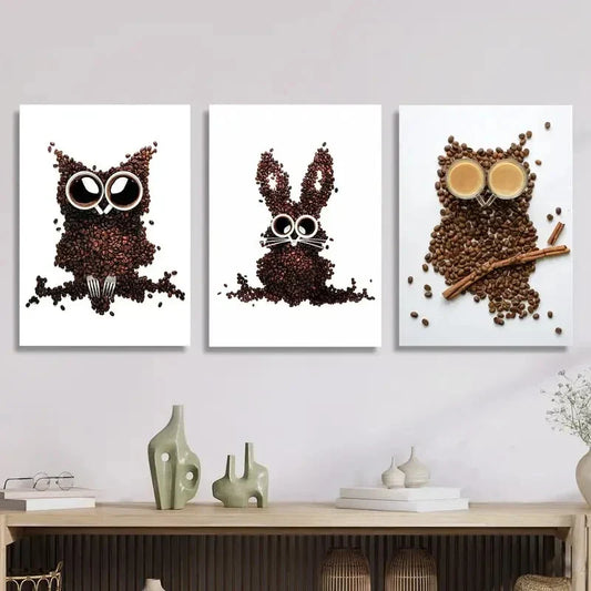 3pcs Owl, Bunny & Rabbit Designs with Coffee Cup Metal Print Ready to Hang Art