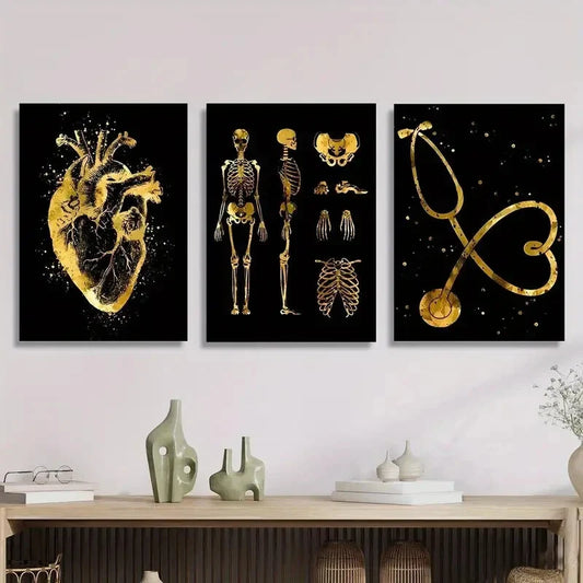 3pcs Golden Decorative Paintings with Stethoscope Wall Art Set Canvas Framed 40x60cm - High Quality Print 100% Australian Made Wall Canvas Ready to Hang