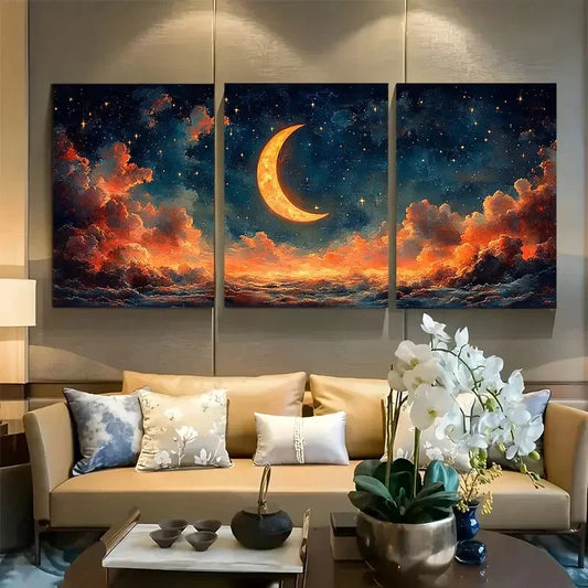 3pcs Crescent Moon with Whimsical Starry Sky Metal Print Ready to Hang Art