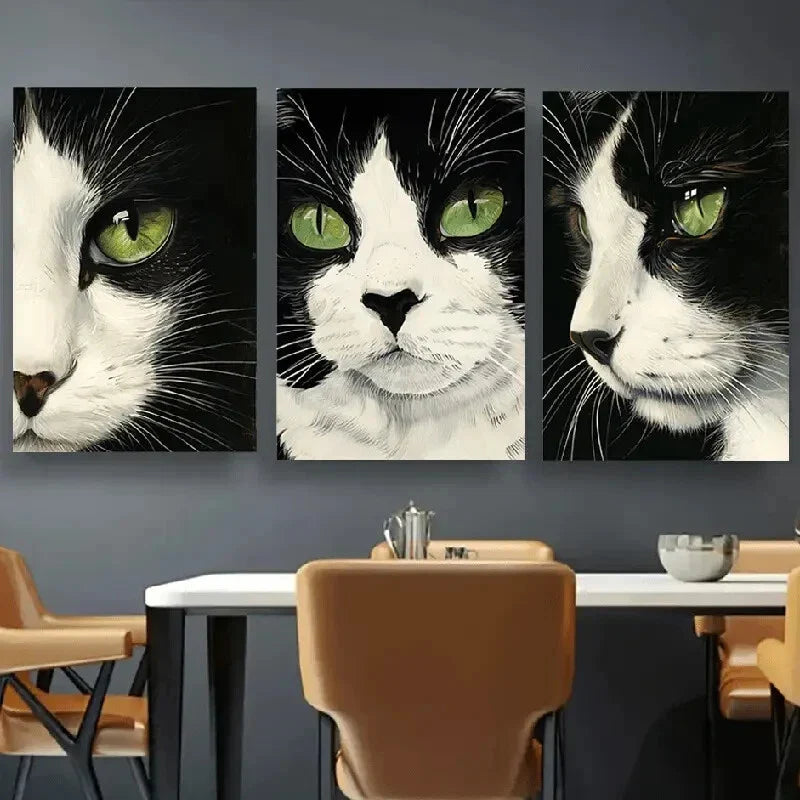 3pcs Black And White Cat Stunning Green Eyes Metal Print Ready to Hang Art