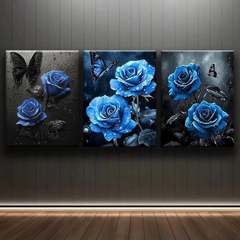 3pcs Blue Modern Flowers Black Butterflies Metal Print Ready to Hang Art