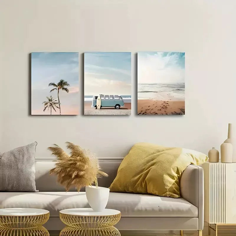 3pcs Bohemian Chic Summer Sea, Van and Beach Wall Art Set Canvas Framed 40x60cm - High Quality Print 100% Australian Made Wall Canvas Ready to Hang