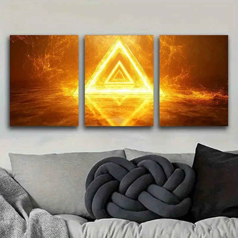 3pcs A glowing yellow triangle Metal Print Ready to Hang Art