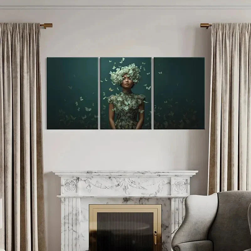 3pcs Elegant Woman Floral Crown Butterfly Surround Metal Print Ready to Hang Art