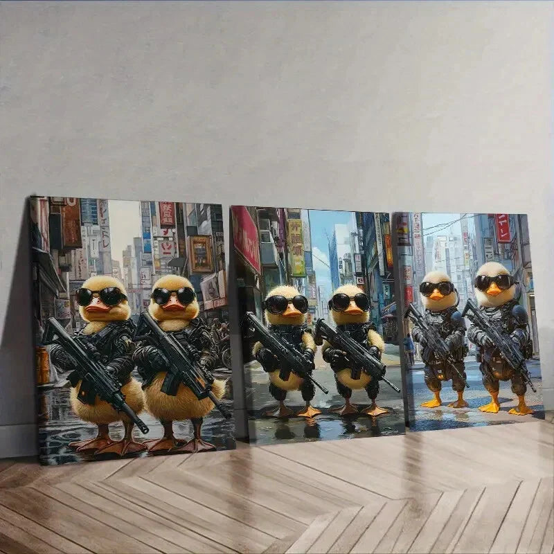 3pcs Two cute baby ducks in cyberpunk armor Wall Art Set Canvas Framed 40x60cm - High Quality Print 100% Australian Made Wall Canvas Ready to Hang