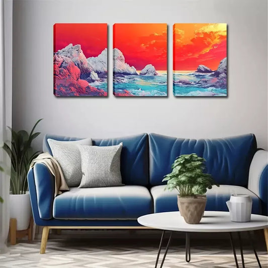 3pcs Vibrant Sunset Coastal Landscape Wall Art Set Canvas Framed 40x60cm - High Quality Print 100% Australian Made Wall Canvas Ready to Hang