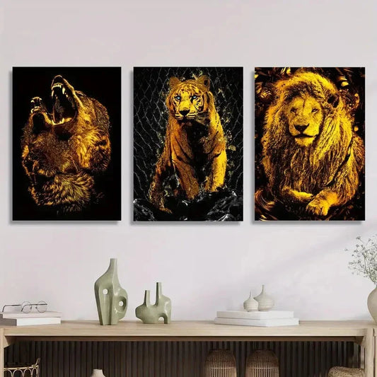 3pcs Featuring Golden Animal Portraits of Bears Metal Print Ready to Hang Art