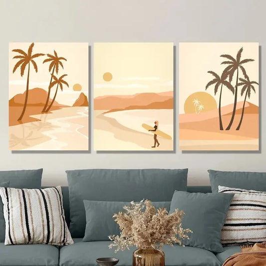 3pcs Palm Trees at Sunset, Surfers on the Shore Metal Print Ready to Hang Art