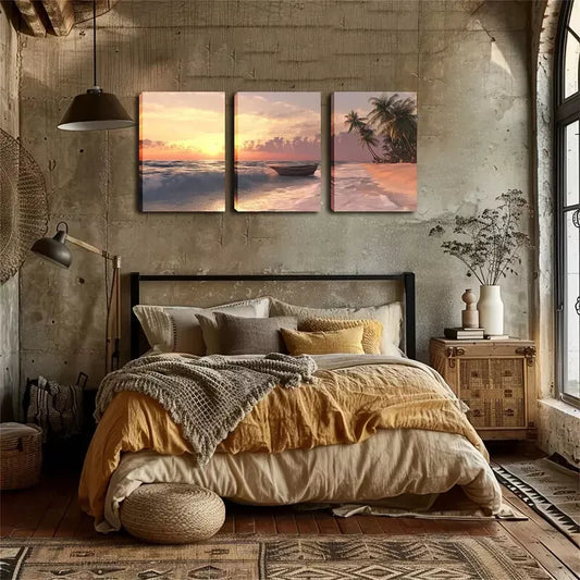 3pcs Tropical Seascape with Palm Trees & Rowboat Wall Art Set Canvas Framed 40x60cm - High Quality Print 100% Australian Made Wall Canvas Ready to Hang