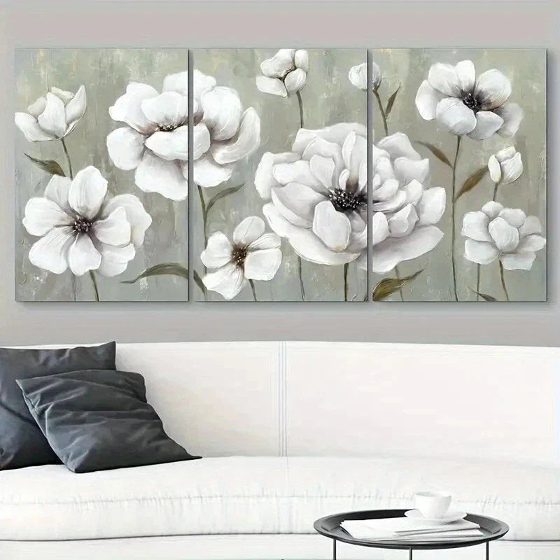 3pcs White Floral Elegant Beautiful Metal Print Ready to Hang Art