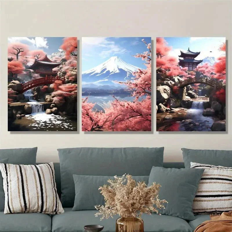 3pcs Japanese style, cherry blossom trees, retro Metal Print Ready to Hang Art