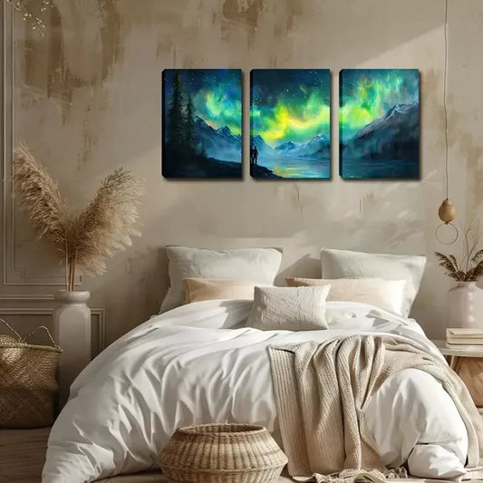 3pcs Northern Lights And Tiny People Wall Art Set Canvas Framed 40x60cm - High Quality Print 100% Australian Made Wall Canvas Ready to Hang