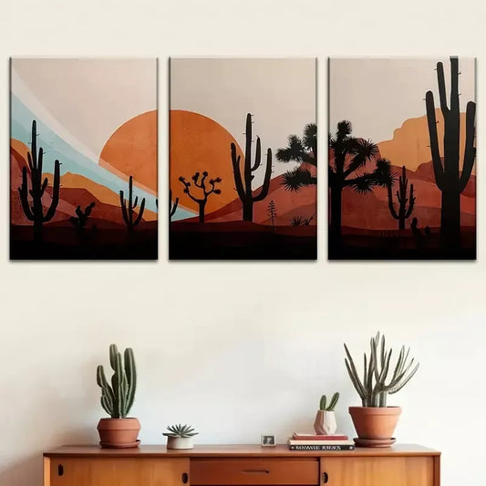 3pcs abstract landscape art, cartoon cactus Wall Art Set Canvas Framed 40x60cm - High Quality Print 100% Australian Made Wall Canvas Ready to Hang