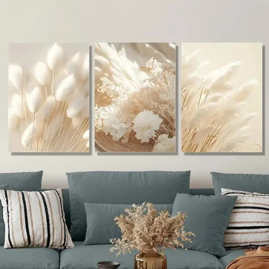 3pcs Grass & White Dried Flower Wall Decor Metal Print Ready to Hang Art