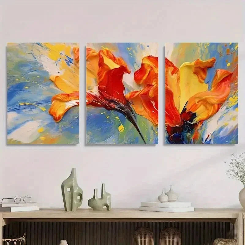 3pcs Abstract Floral Burst Vibrant Orange, Red Metal Print Ready to Hang Art