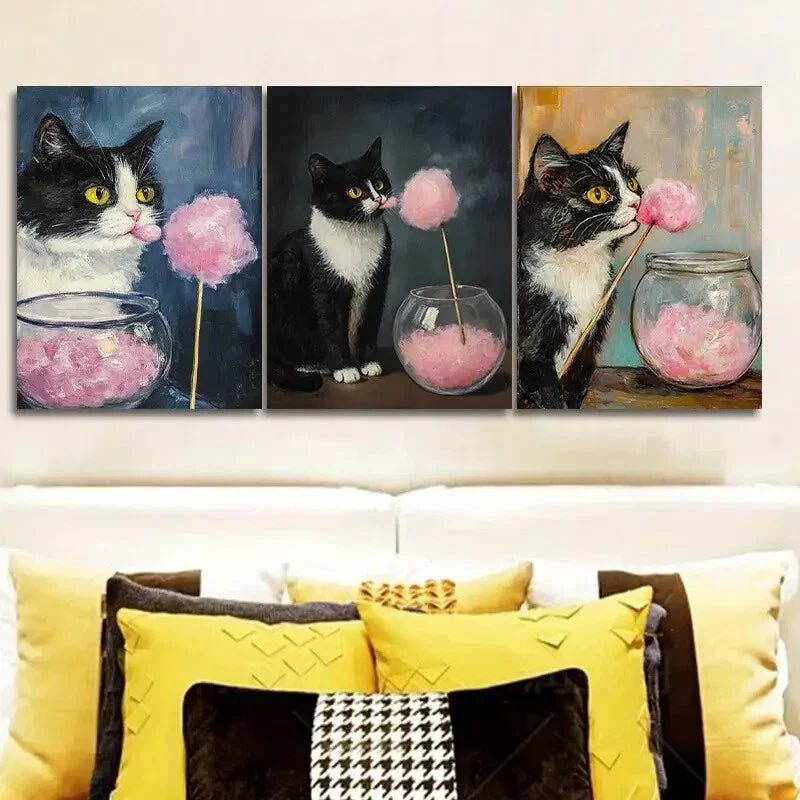 3pcs Kitty Eating Marshmallows Metal Print Ready to Hang Art