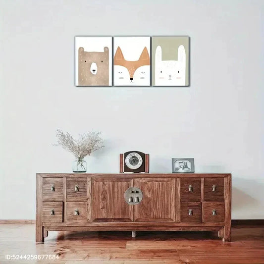 3pcs Cute Bear Fox & Rabbit Forest Animal Theme Metal Print Ready to Hang Art