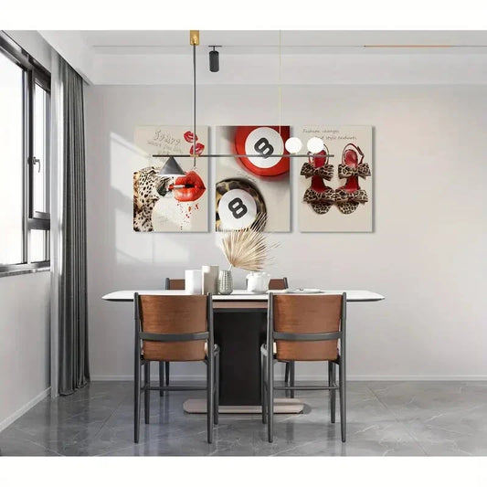 3pcs Funky Lucky 8 Ball, High Heels, and Lips Metal Print Ready to Hang Art