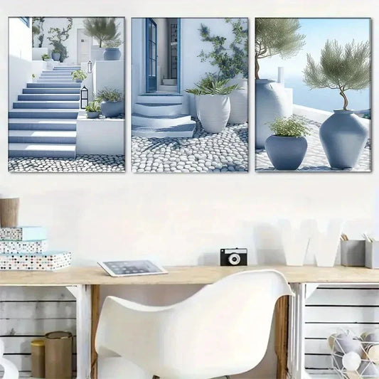 3pcs Santorini Blue And White Mediterranean Metal Print Ready to Hang Art