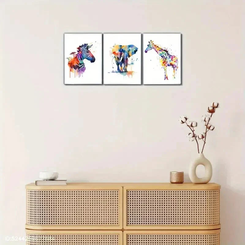 3pcs Artistic Elephant Giraffe Zebra Zoo Metal Print Ready to Hang Art
