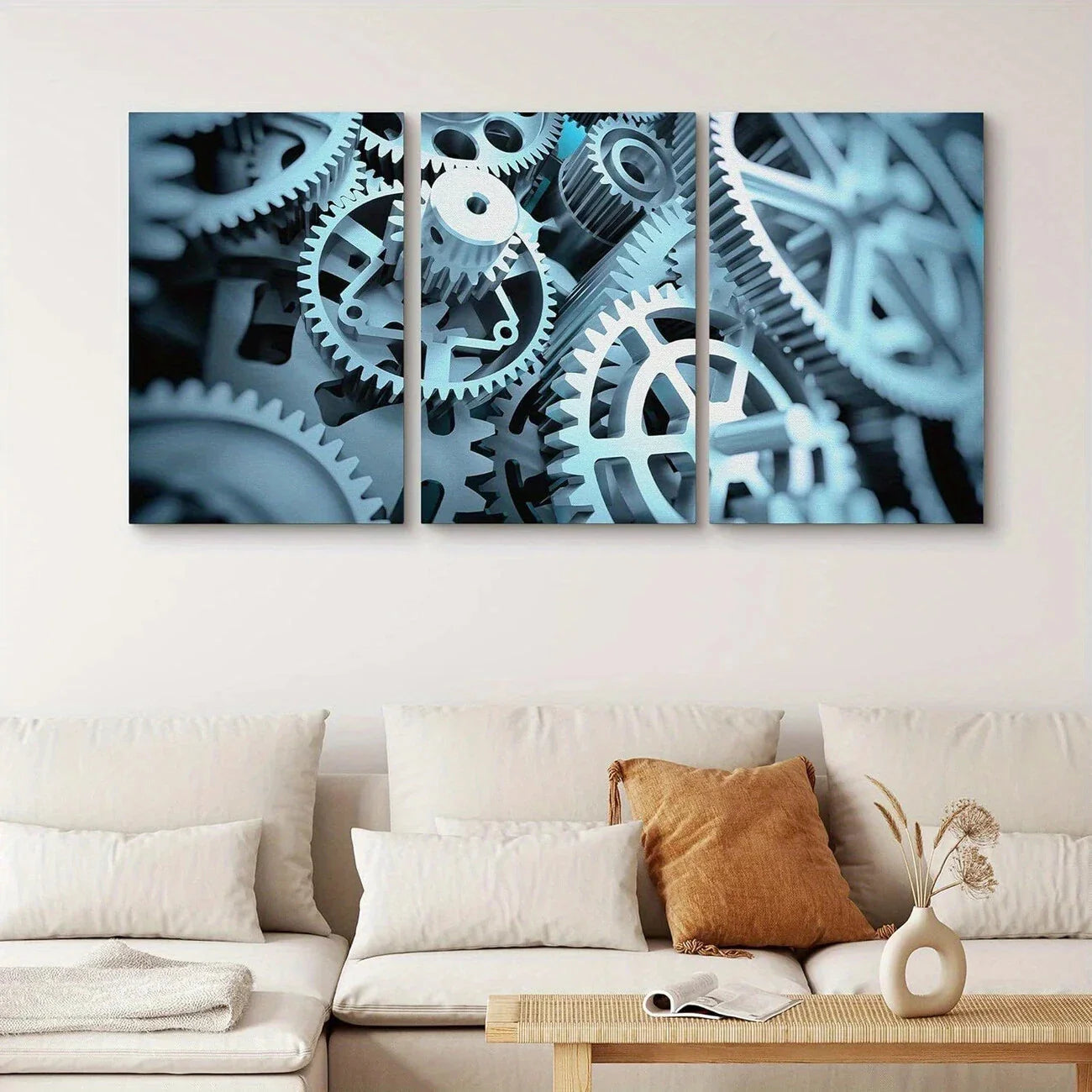 3pcs White Mechanical Cogs Gears Geometric Shapes Metal Print Ready to Hang Art