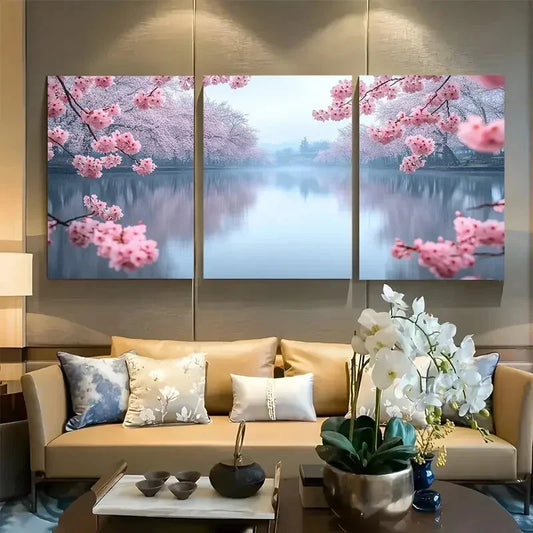 3pcs Cherry Blossom Trees and Tranquil Lake Design Metal Print Ready to Hang Art