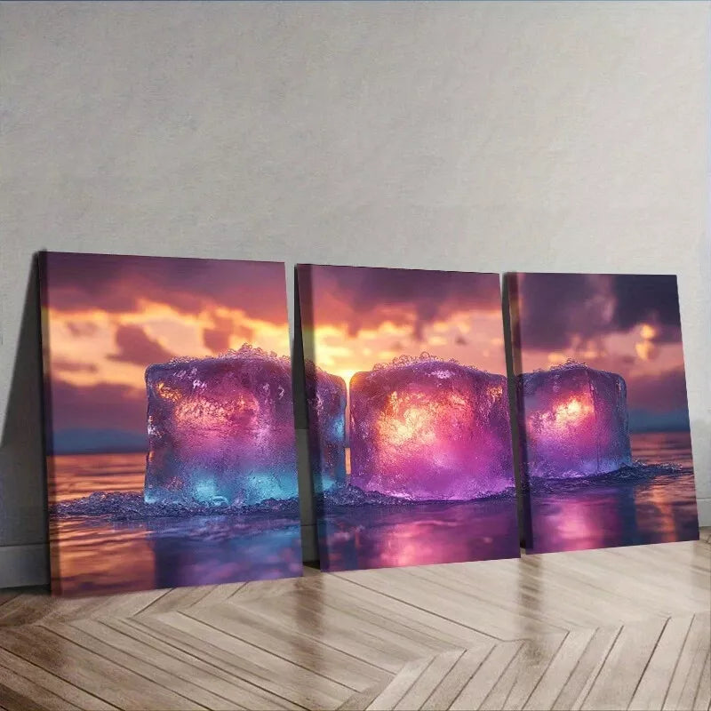 3pcs Ice Cubes Design, Coastal Landscape Wall Art Set Canvas Framed 40x60cm - High Quality Print 100% Australian Made Wall Canvas Ready to Hang