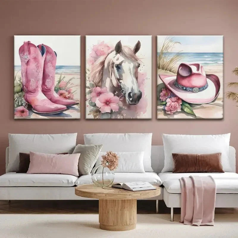 3pcs Coastal Cowboy Canvas Wall Art Western Girl Metal Print Ready to Hang Art